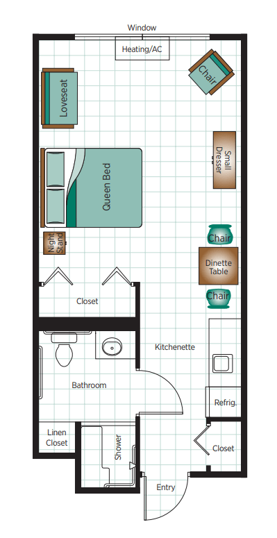 Floor plan of a studio apartment featuring a queen bed, kitchenette, bathroom, and closet.