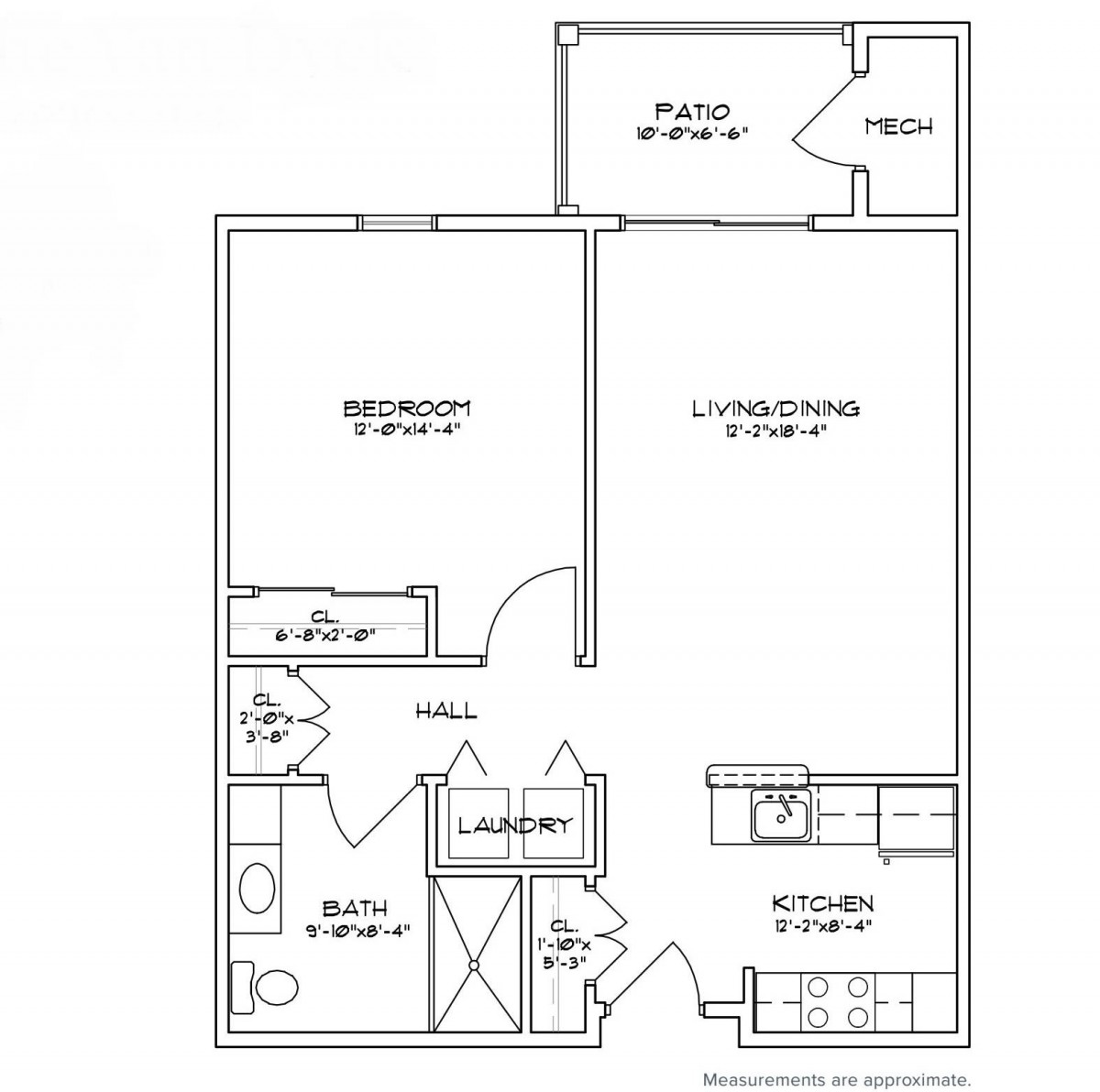 One-bedroom apartment floor plan with designated living, dining, and utility areas.