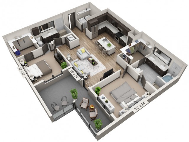 A 3D floor plan of a modern apartment featuring multiple rooms and a balcony.