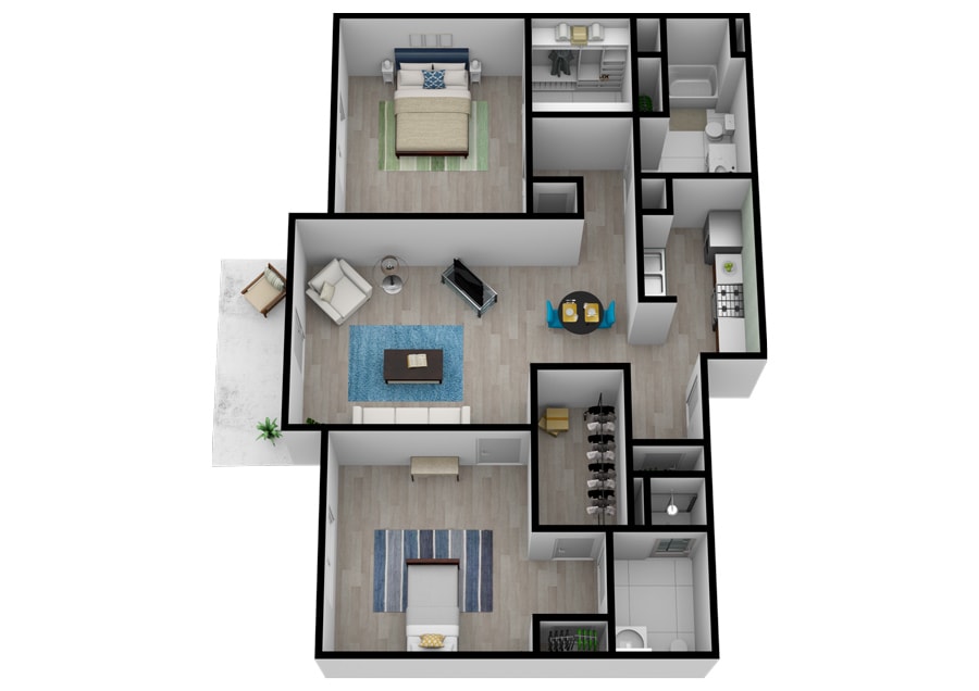 A 3D floor plan of a two-bedroom apartment showcasing furniture placement and room layout.