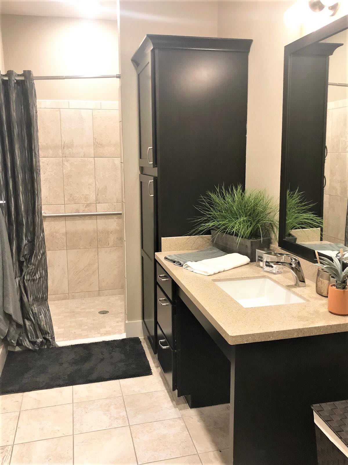 A modern bathroom featuring a sink with a mirror, tiled shower area, and potted plant on the counter.