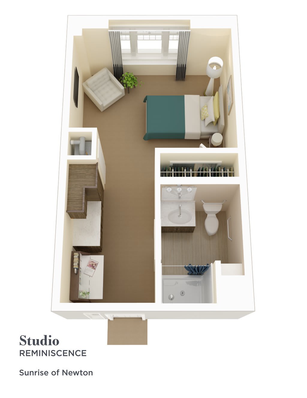 3D floor plan of a compact studio apartment featuring a bedroom, bathroom, and kitchenette.