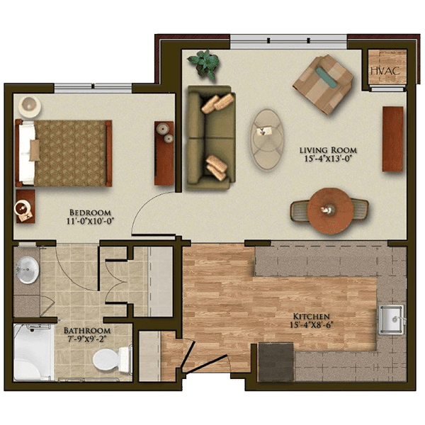 This is a floor plan of a one-bedroom apartment featuring a living room, kitchen, and bathroom.