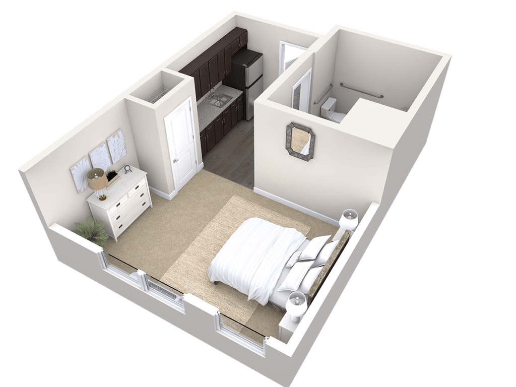 A 3D floor plan of a small apartment featuring a bedroom and attached bathroom.