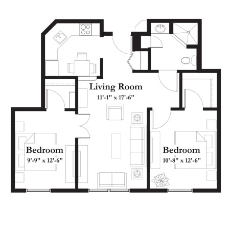 A floor plan layout of an apartment with two bedrooms, a living room, kitchen, and bathroom.