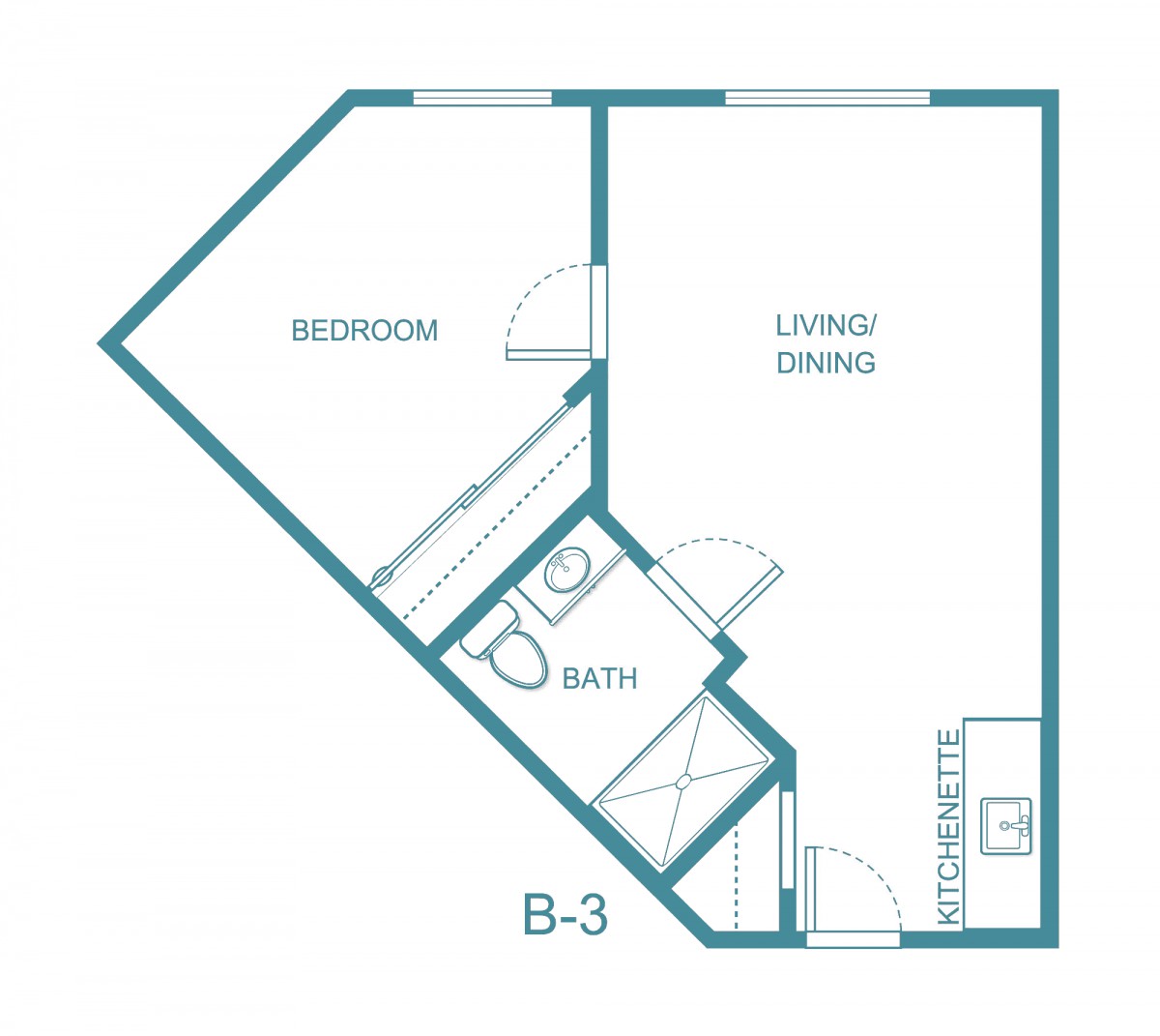 A floor plan diagram labeled B-3, showing the layout of a one-bedroom apartment with a living/dining area and bathroom.