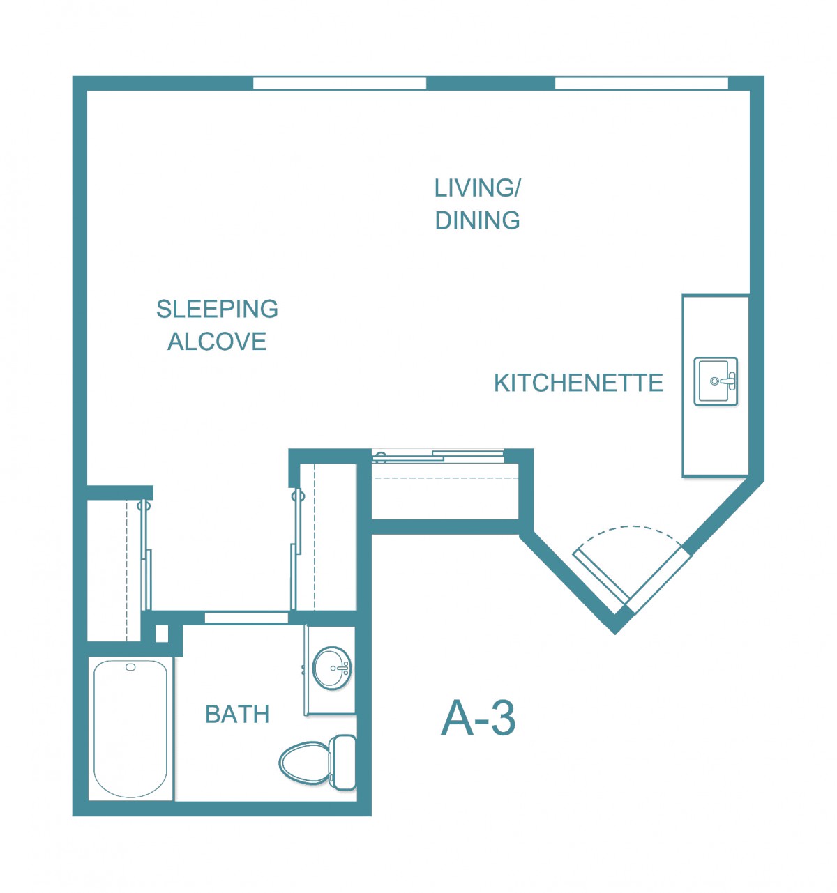 Studio apartment floor plan with a sleeping alcove, kitchenette, bath, and living/dining area.