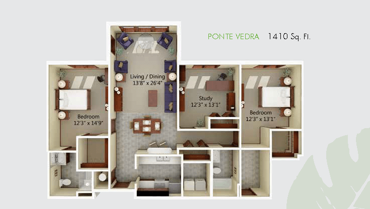 A detailed floor plan of a two-bedroom apartment, featuring a living/dining area, kitchen, study room, and bathrooms.