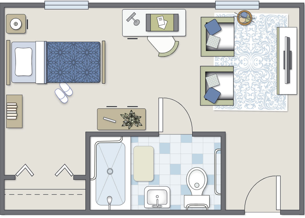 A floor plan depicting a small apartment with a bedroom, bathroom, and living area.