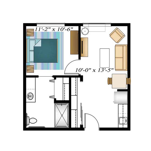 A compact apartment floor plan featuring a bedroom, living area, kitchen, and bathroom.