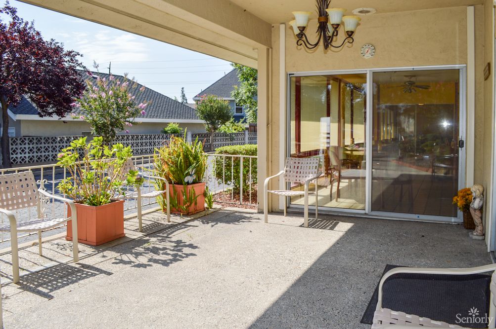 A sunny outdoor patio with potted plants and seating area.