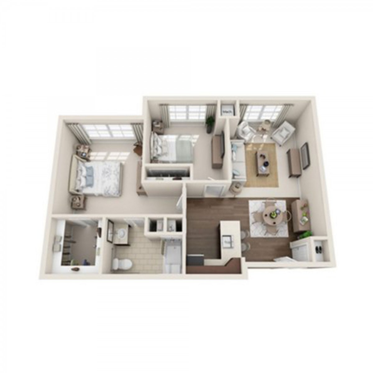 A 3D floor plan of an apartment showcasing a two-bedroom layout with a living room, kitchen, and bathroom.