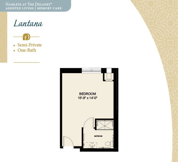 Blueprint layout of a studio apartment labeled 'Lantana' with room dimensions.