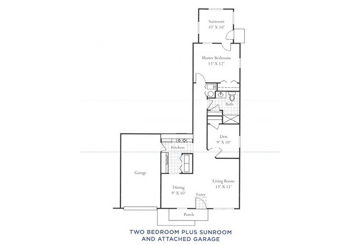 Floor plan of a two-bedroom home with an attached garage.