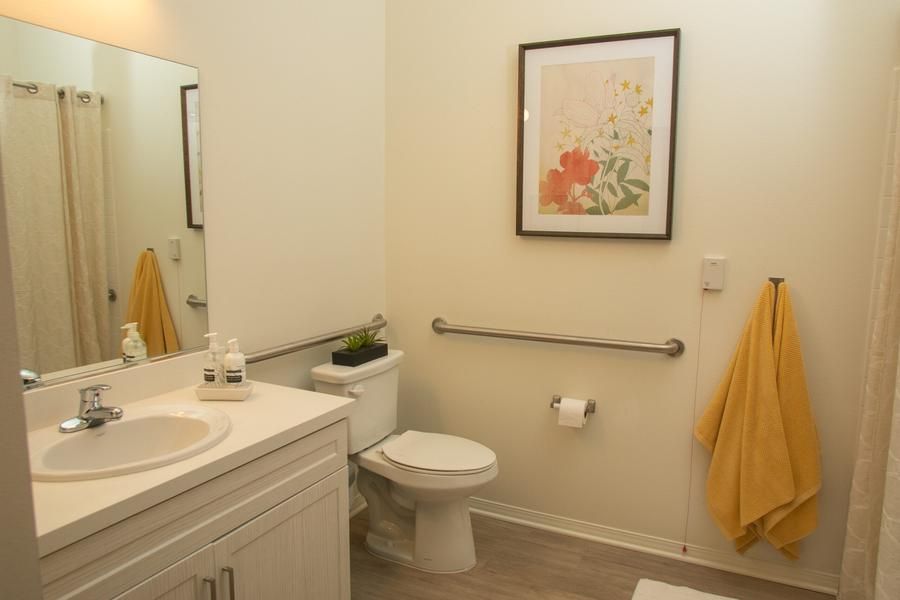 A clean and well-decorated bathroom with a toilet, sink, mirror, and artwork on the wall.
