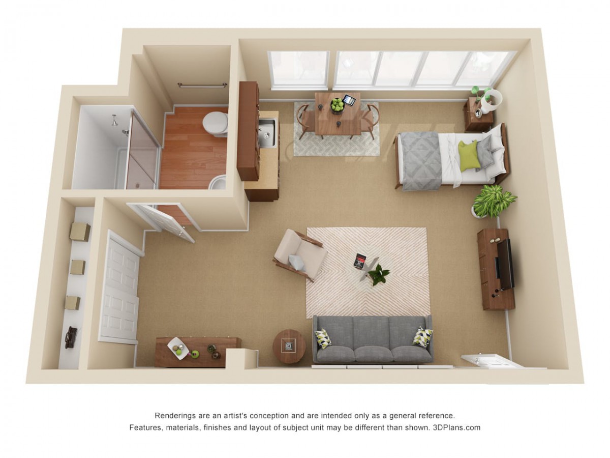This is a floor plan of a small apartment featuring a combined living and sleeping area, bathroom, and kitchenette.