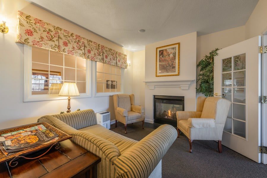 A cozy living room featuring a fireplace, comfortable seating, and elegant decor.
