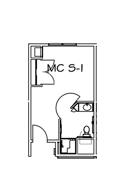 A simple floor plan showing a small room with a bathroom.