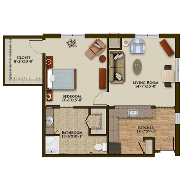 A detailed floor plan of a one-bedroom apartment featuring a living room, kitchen, bathroom, and balcony.