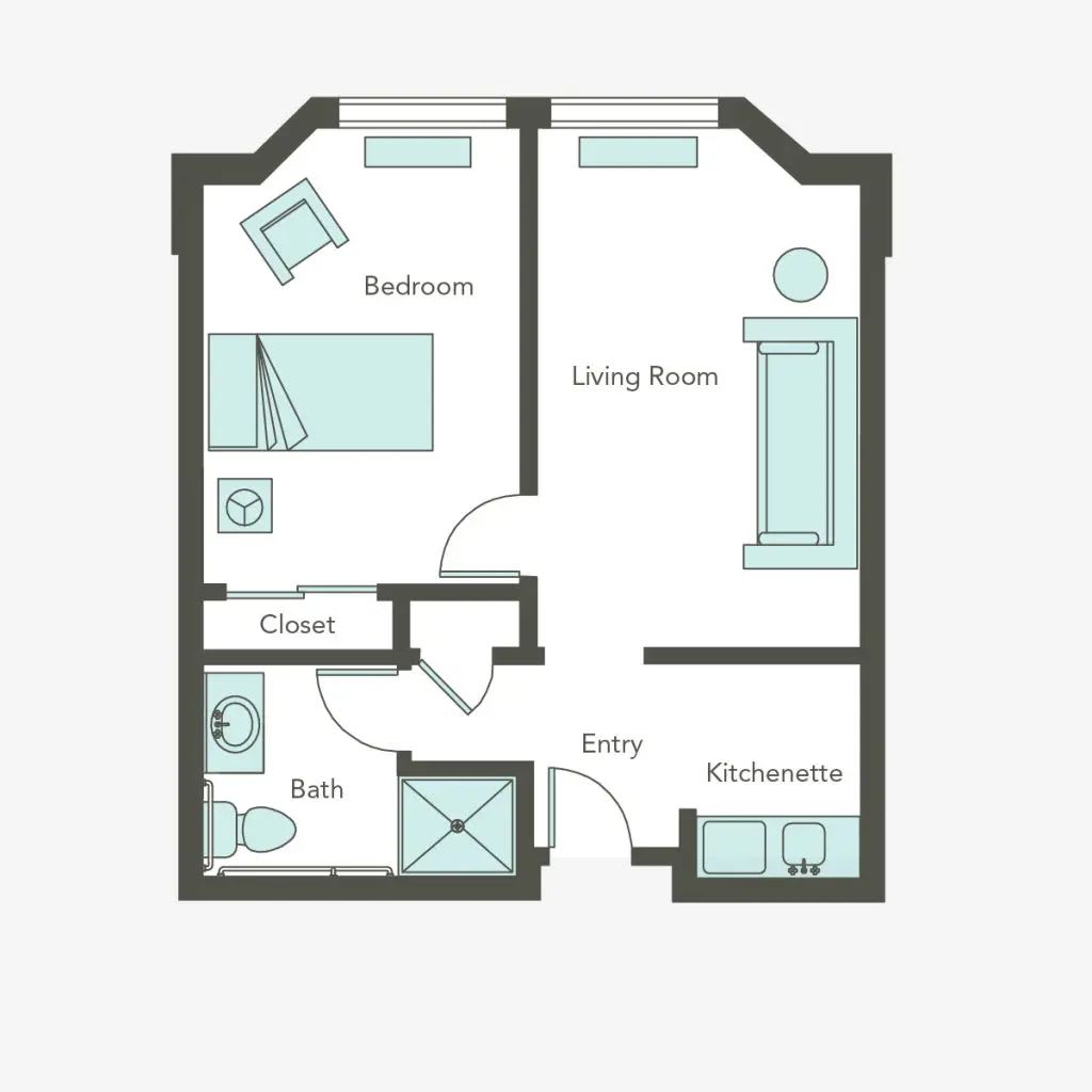 A simple floor plan of a one-bedroom apartment with labeled rooms.