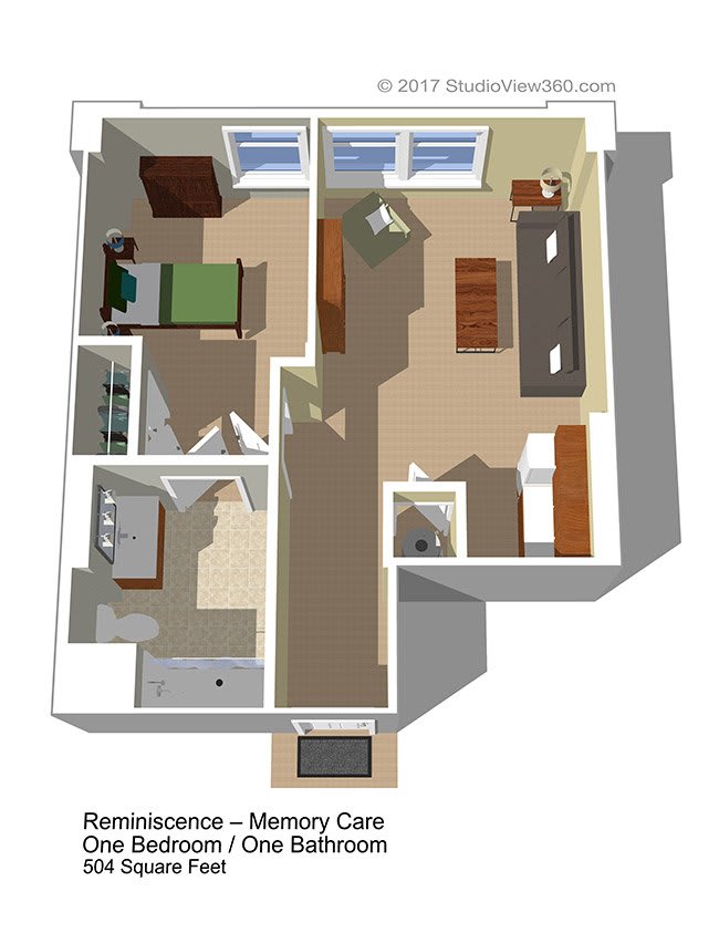 A 3D floor plan showing the layout of an apartment designed for memory care, featuring a bedroom, bathroom, and living area.