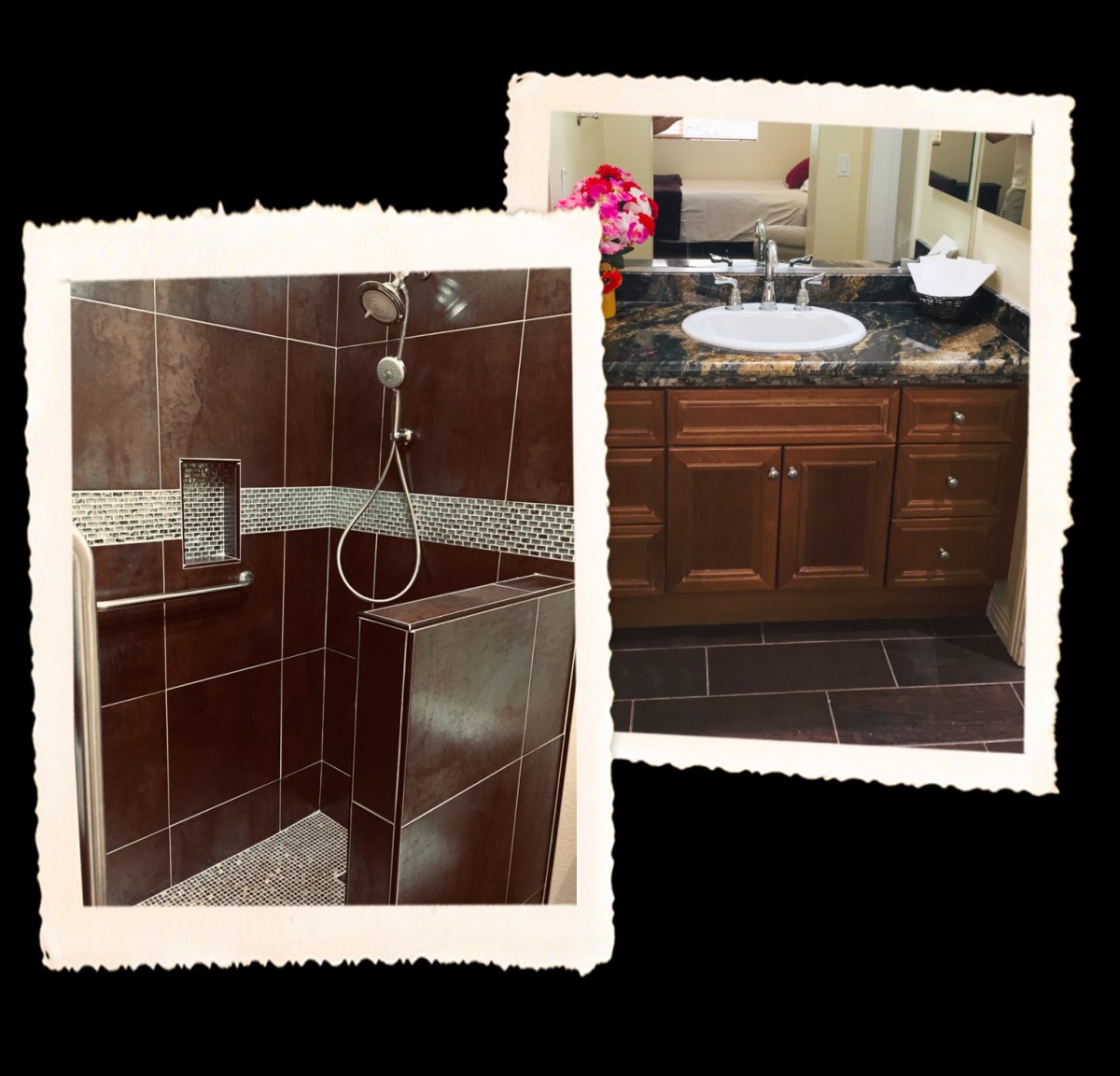 A modern bathroom featuring a tiled shower and a stylish vanity with a sink and mirror.