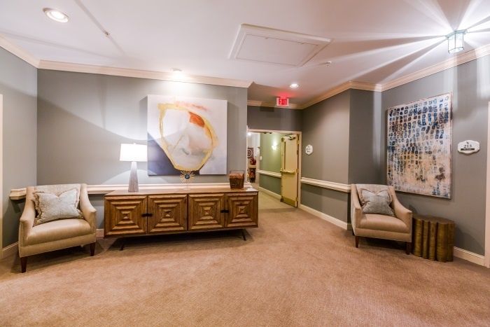 A stylish lobby with comfortable seating and elegant decor.