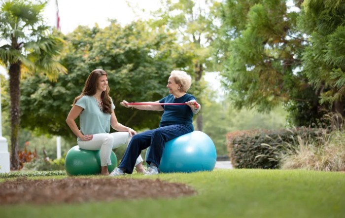 An elderly woman exercises with a resistance band alongside a younger woman, both sitting on stability balls in a park.