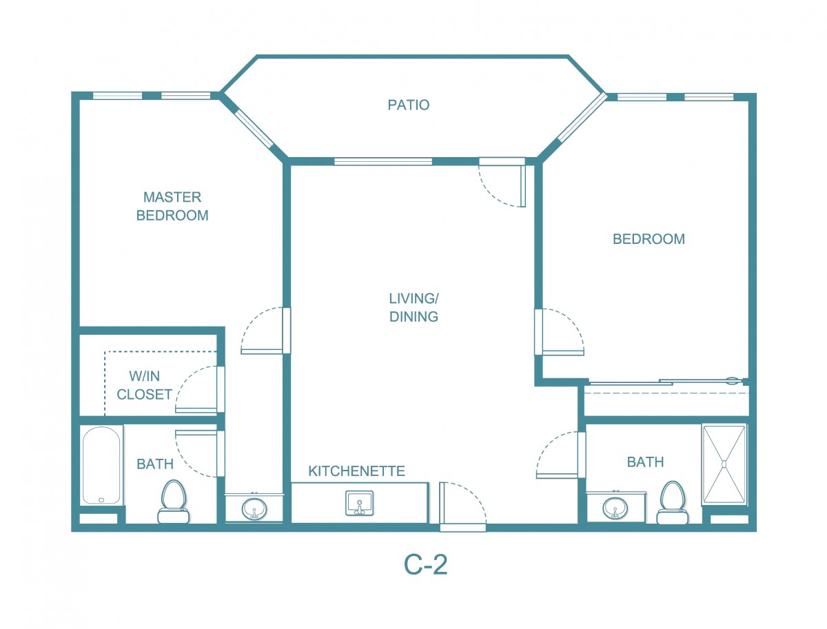 A detailed floor plan of a two-bedroom apartment featuring a living/dining area, kitchen, patio, and two bathrooms.