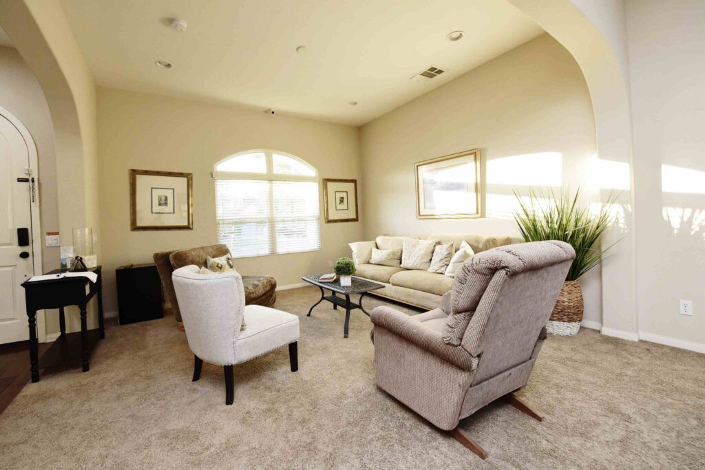 A cozy living room with a comfortable sofa, armchairs, and a central coffee table, illuminated by large windows.