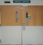 Doors leading to the surgical services department in a hospital.