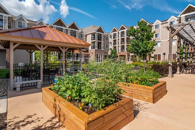 A community garden with raised beds and a gazebo in an urban residential area.