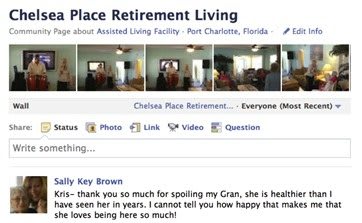A testimonial post praising the care given at Chelsea Place Retirement Living in Florida.