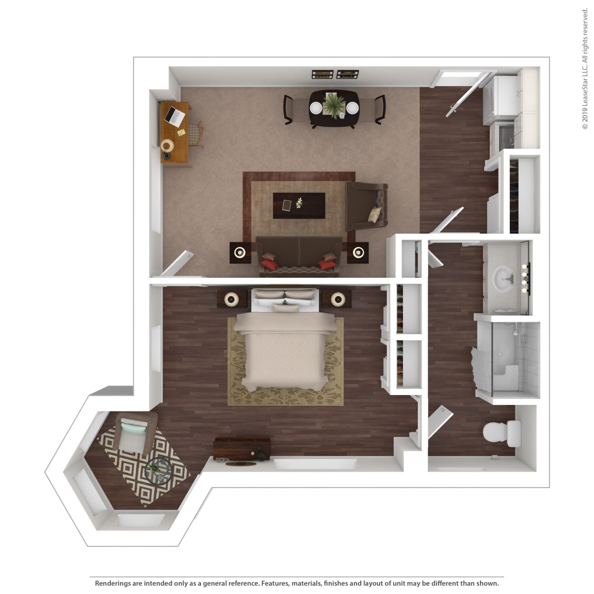 A 1-bedroom apartment floor plan with a living room, dining area, kitchen, and bathroom.