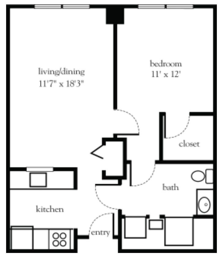 A detailed floor plan of a one-bedroom apartment, showing the arrangement of rooms including living/dining area, kitchen, bedroom, bathroom, and closet.