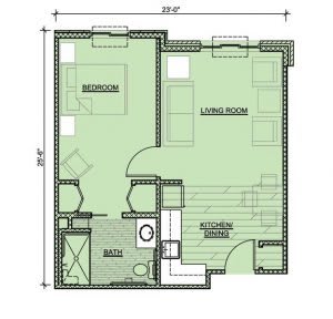 A detailed floor plan of a compact apartment featuring a living room, bedroom, kitchen, and bathroom.