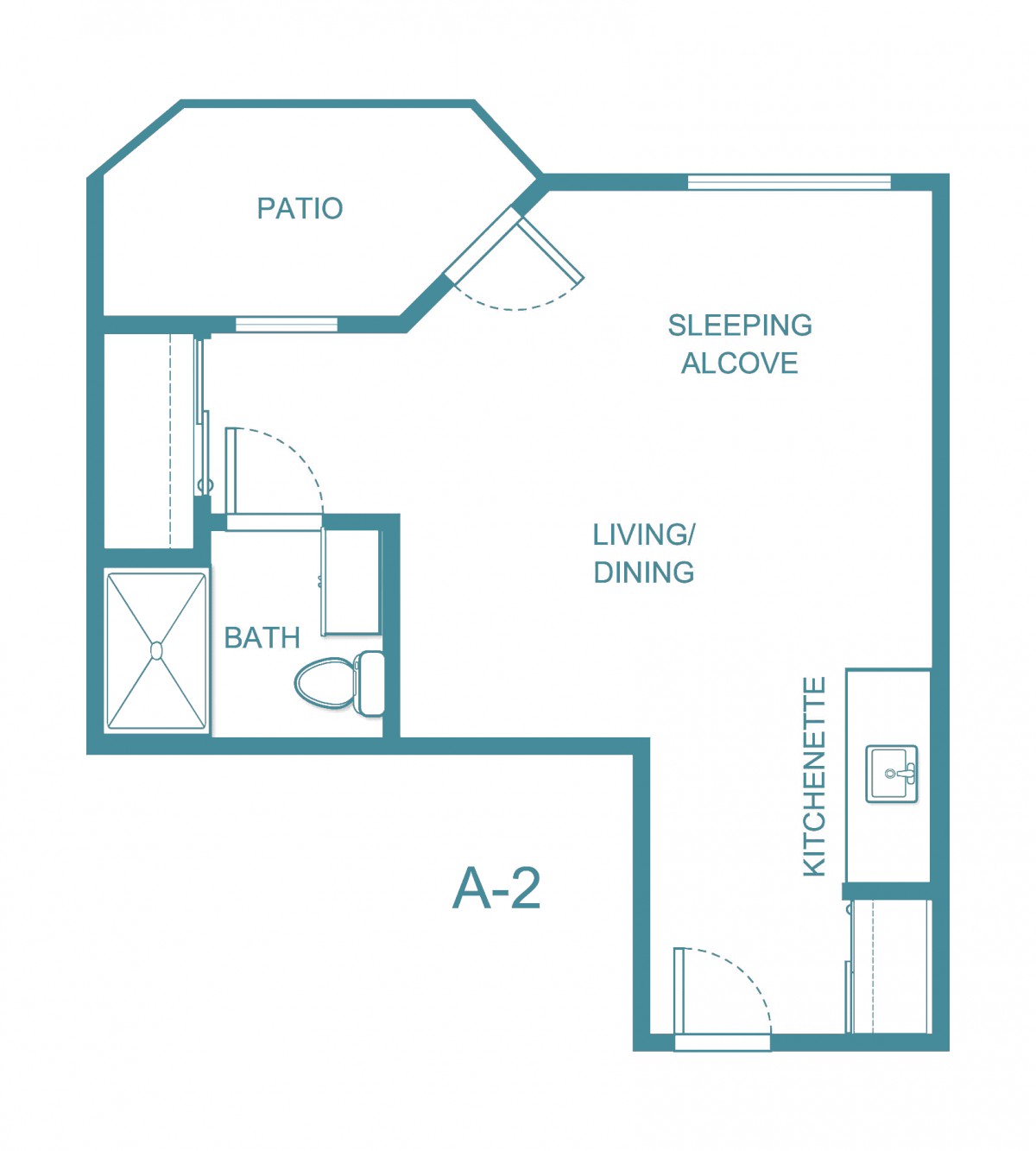Studio apartment floor plan with a sleeping alcove, living area, kitchenette, bathroom, and patio.