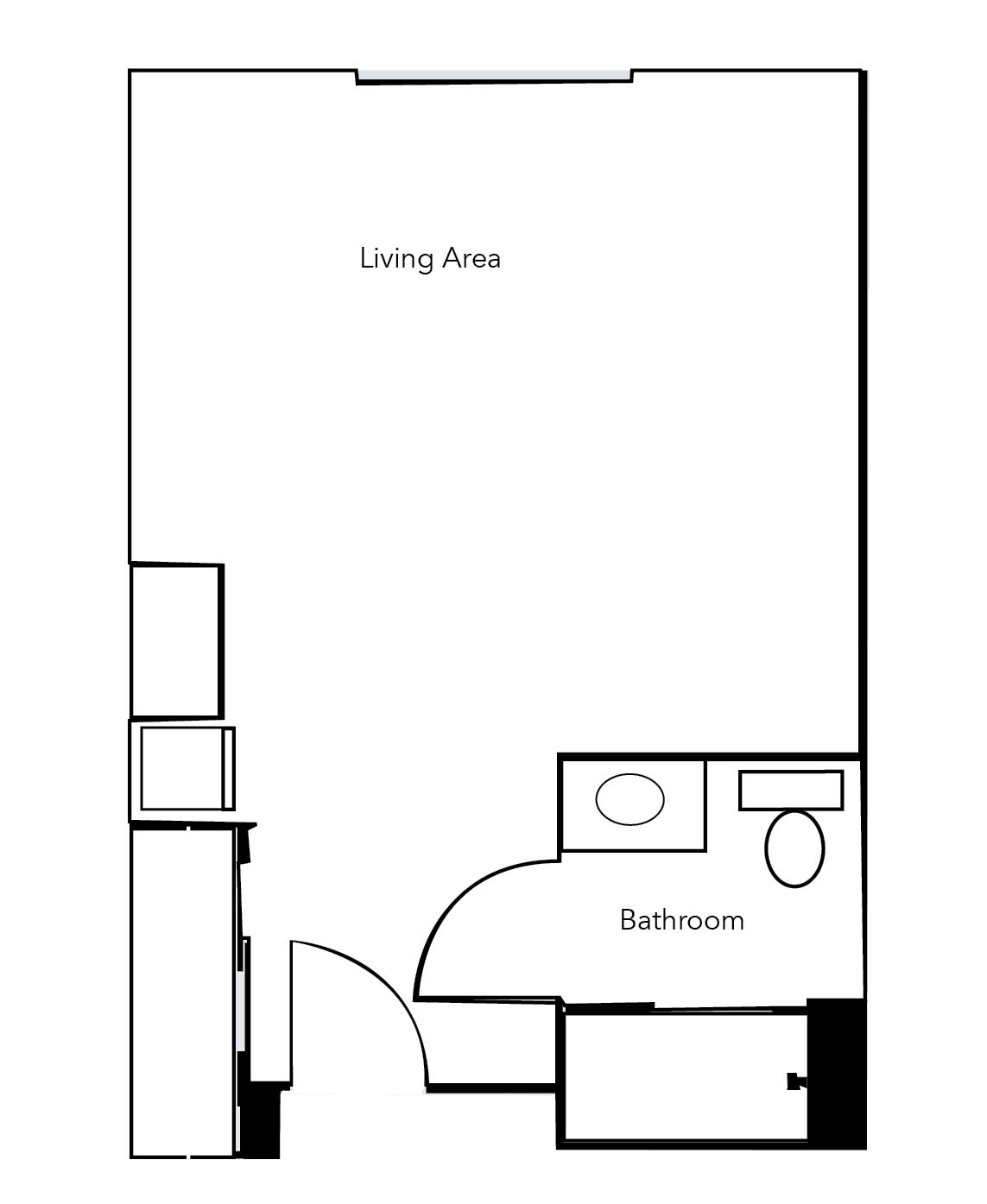 A simple floor plan with a living area and bathroom layout.