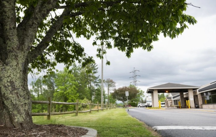 A scenic view of a parking lot with trees, grass, and a building under an overcast sky.