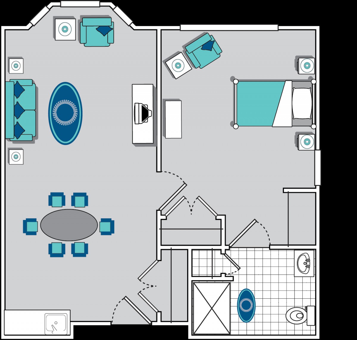 A detailed floor plan showing an apartment layout with a living room, bedroom, and bathroom, featuring blue accent colors.