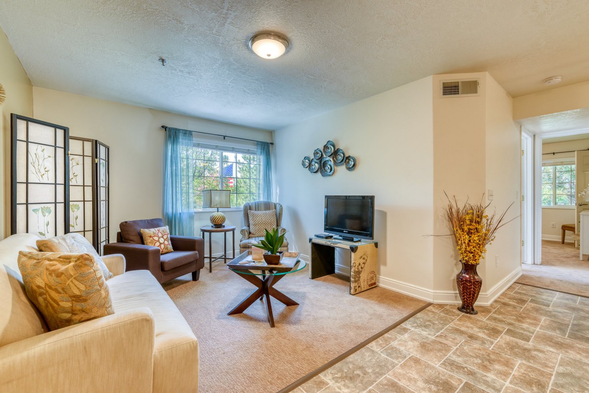A cozy living room with comfortable seating, a TV, and stylish decor.