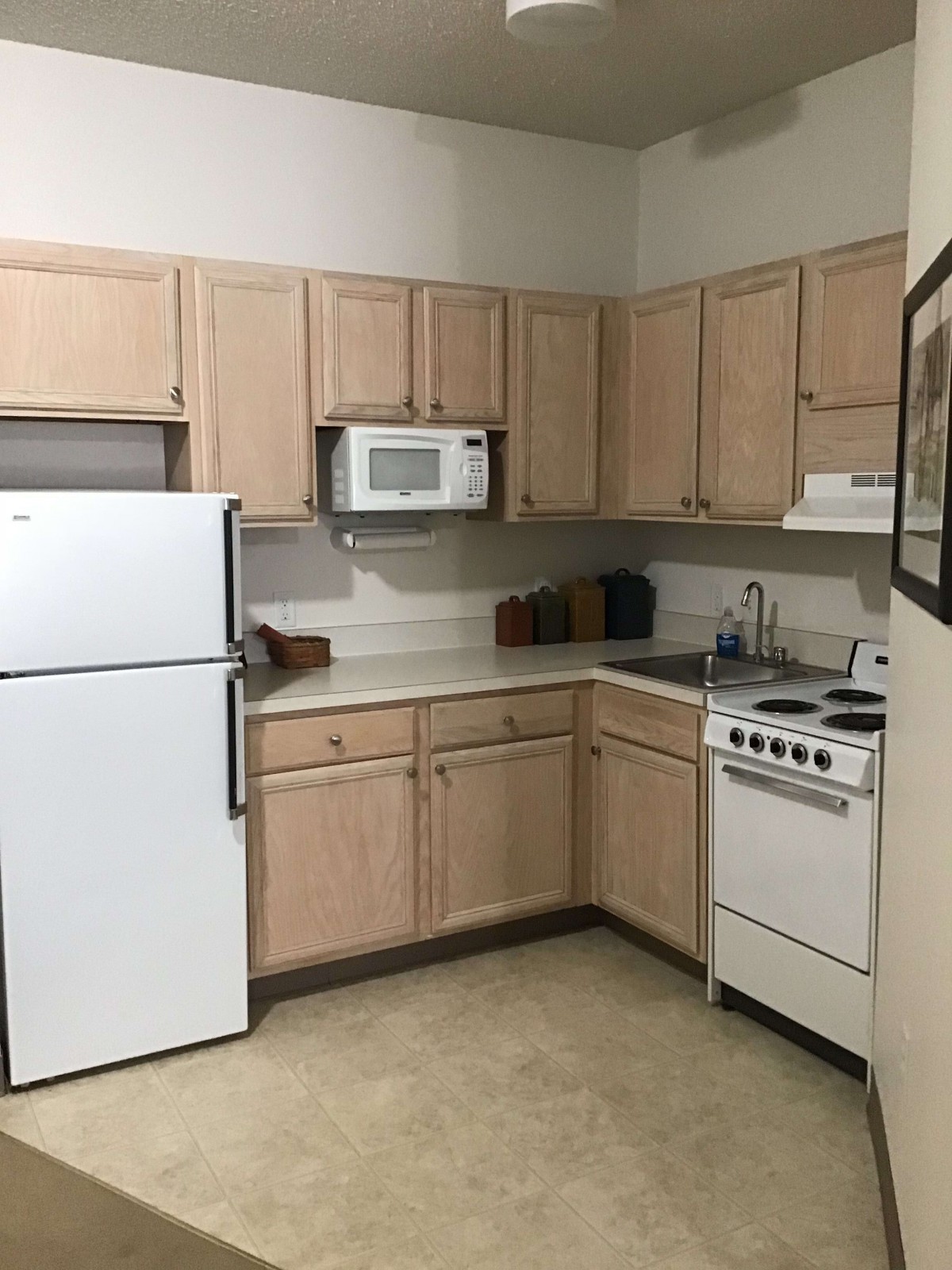 Cozy kitchen with essential appliances and wooden cabinets.