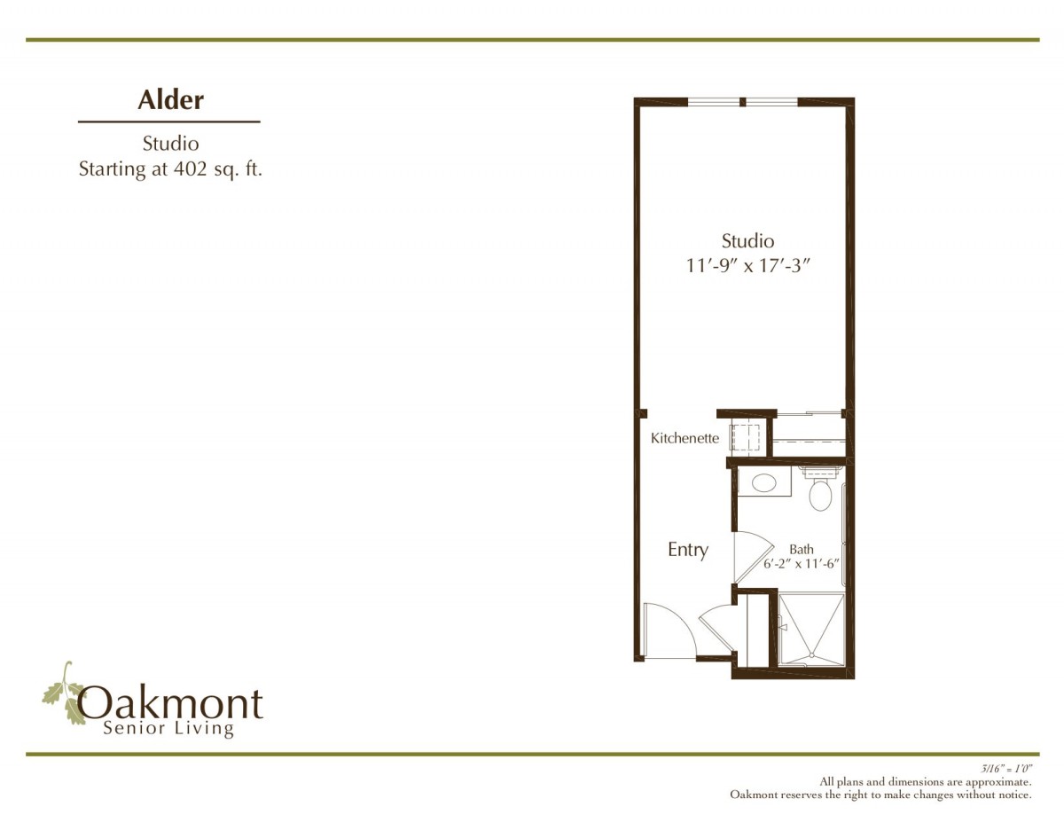Studio apartment floor plan layout with dimensions and labeled areas.