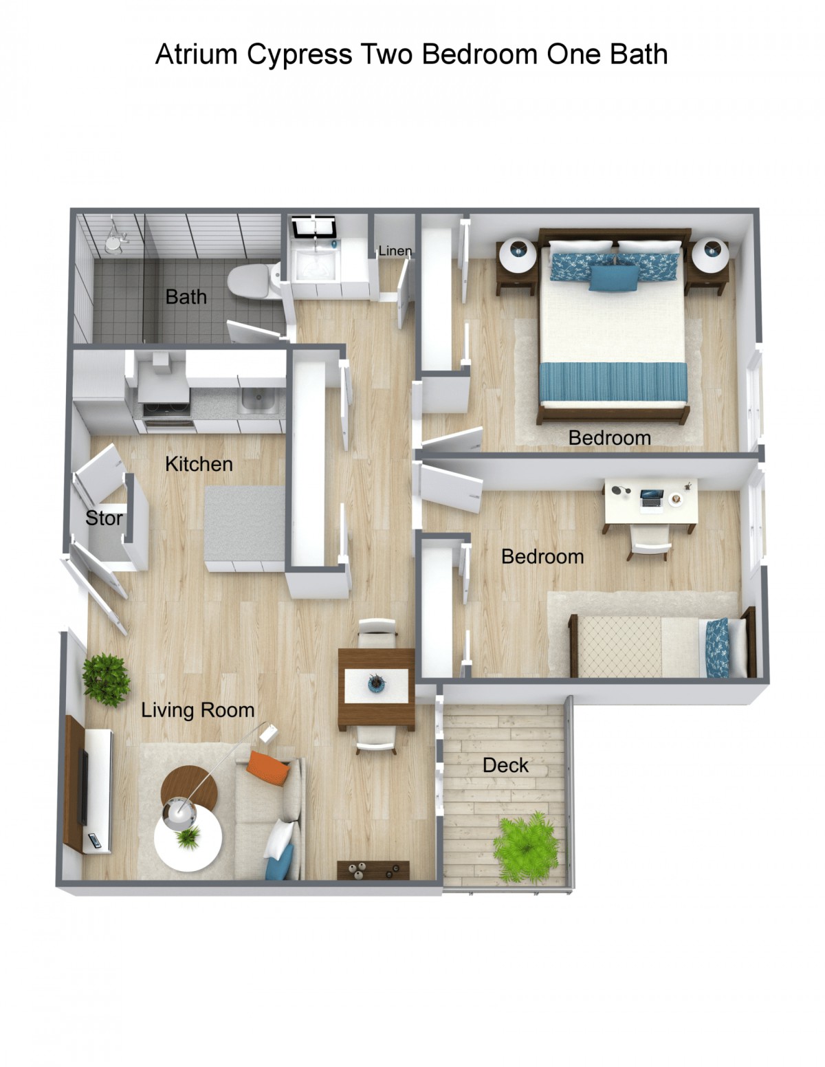 A detailed floor plan of a one-bedroom apartment featuring a living room, kitchen, bathroom, and deck.