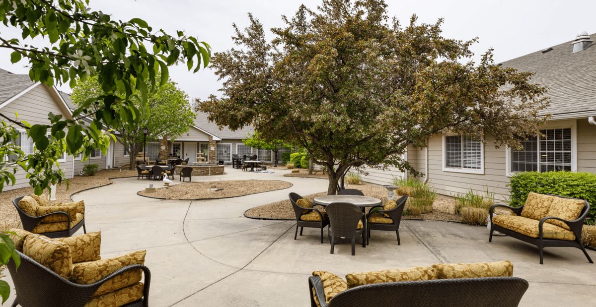 A serene outdoor patio area with trees and comfortable seating arrangements.