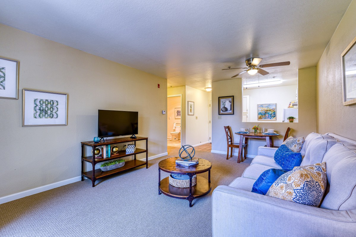 A cozy living room with a sofa, TV, and dining area.