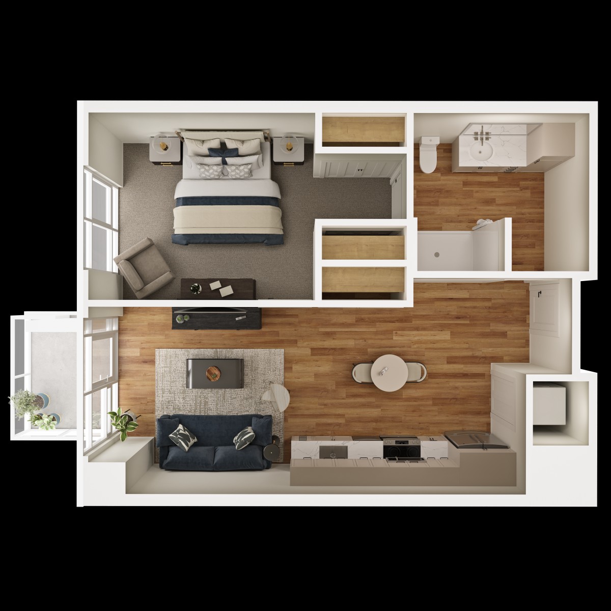 A modern apartment floor plan featuring a bedroom, living room, and kitchen.