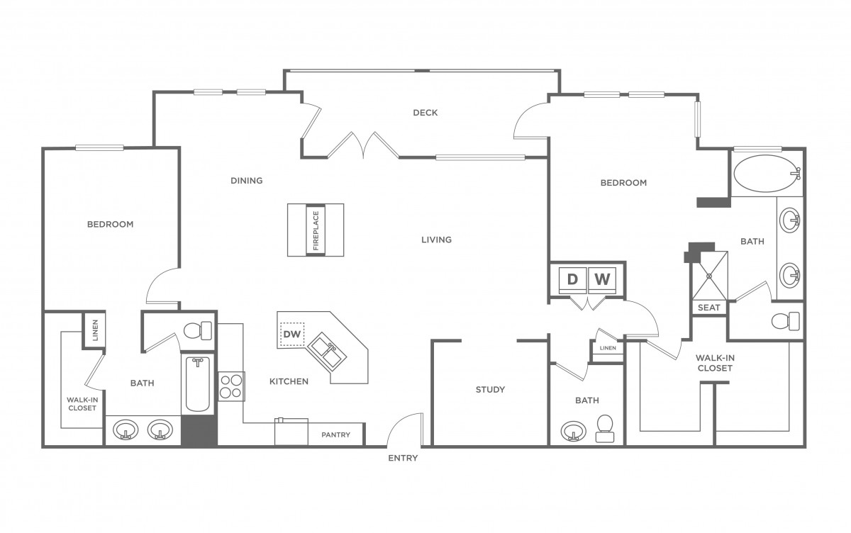 A detailed floor plan of an apartment featuring a bedroom, kitchen, living room, bathroom, and laundry area.