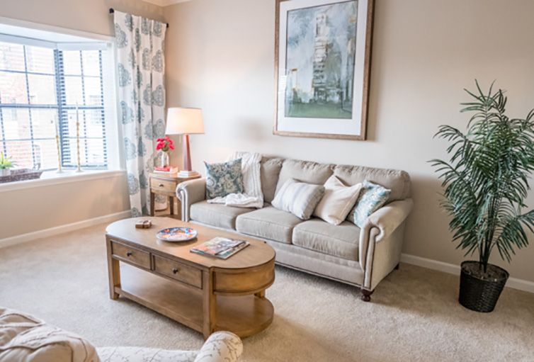 A cozy living room with a comfortable sofa, wooden coffee table, and elegant decor.