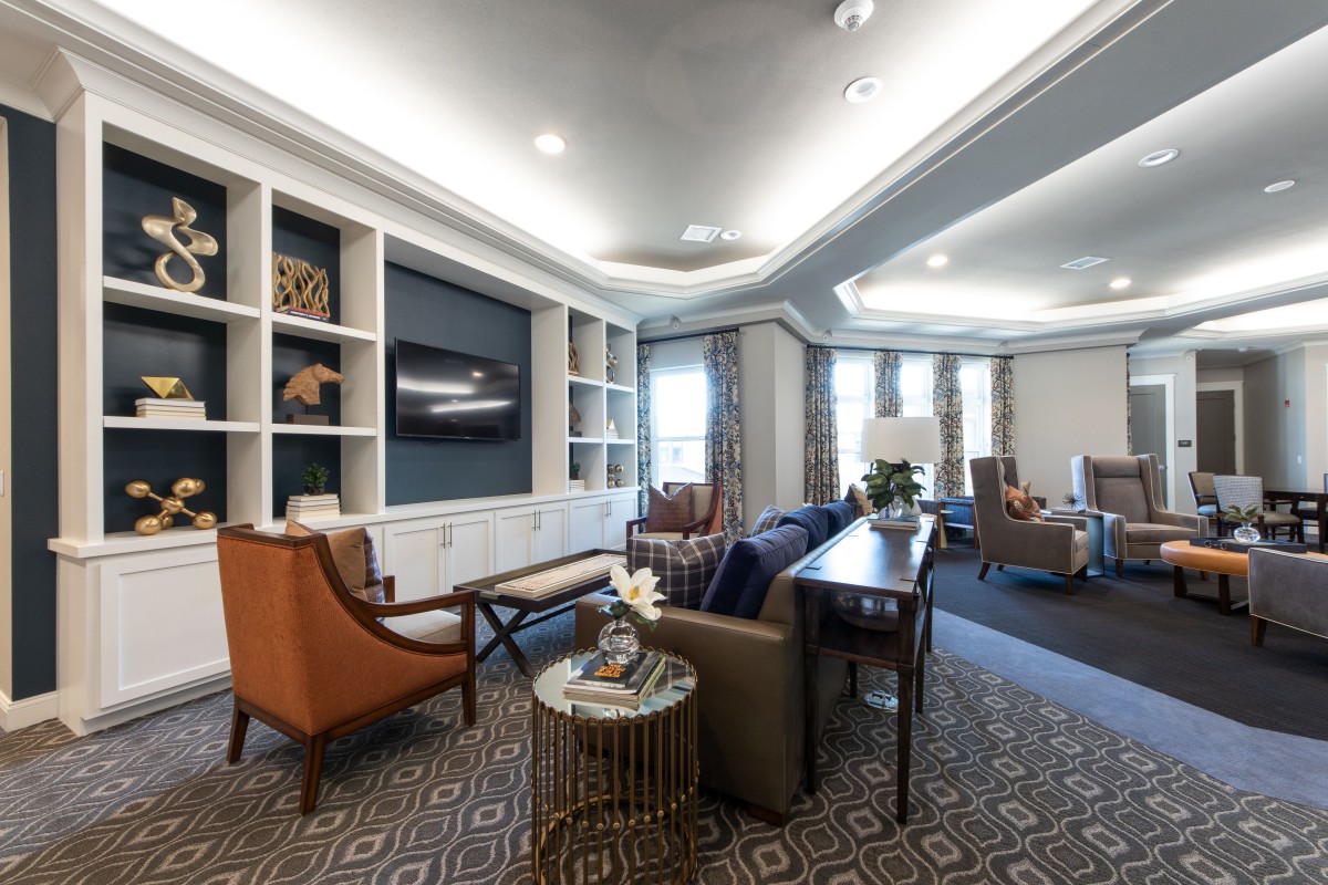 A modern and cozy living room with stylish furniture and built-in bookshelves.